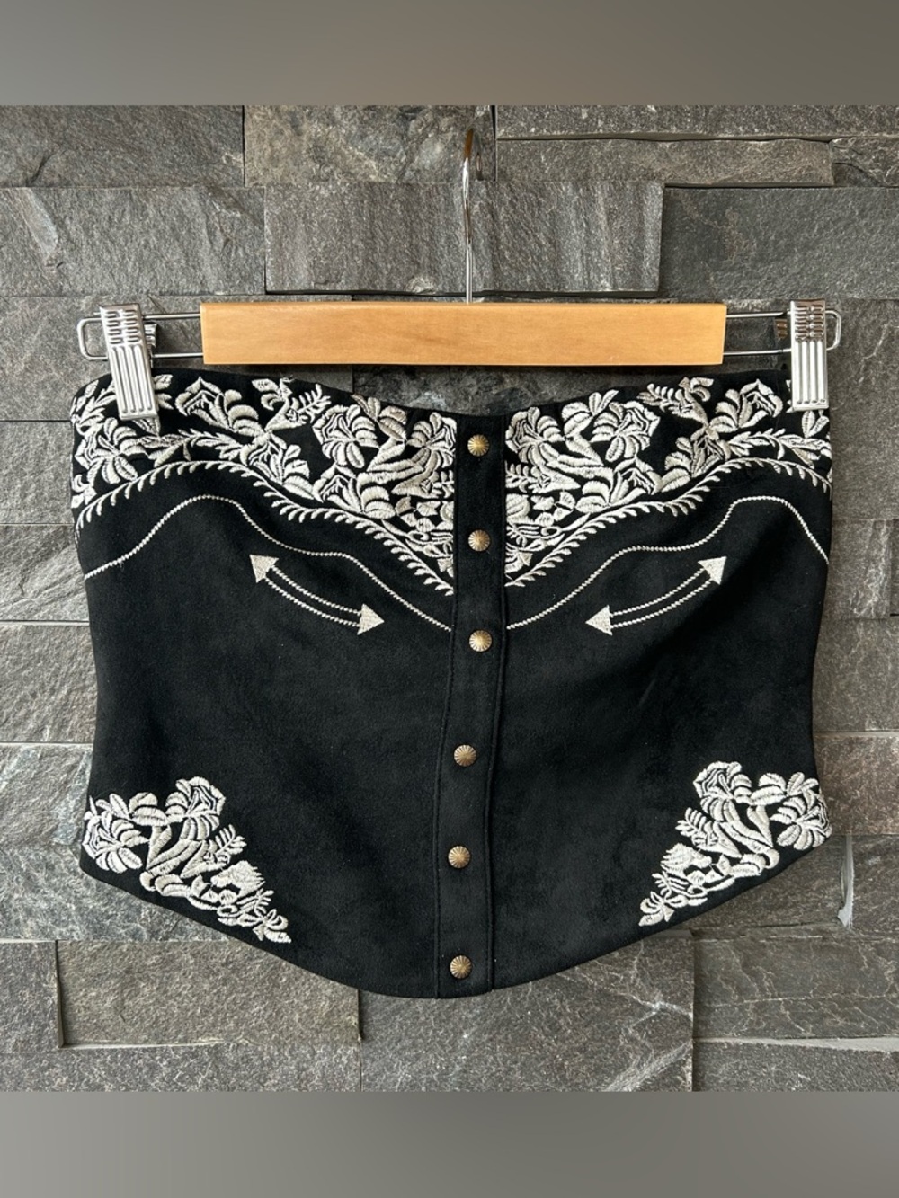 Amazing Lace Black Suede Embroidered Cropped Corset Top